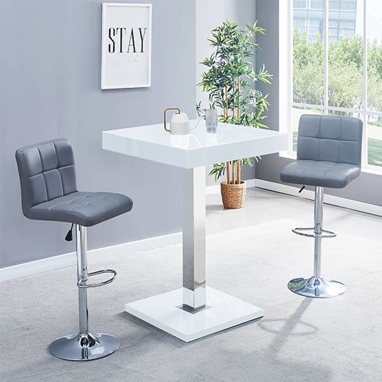 Topeka White High Gloss Bar Table With 2 Concord Grey Stools