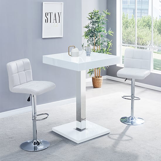 Topeka White High Gloss Bar Table With 2 Concord White Stools