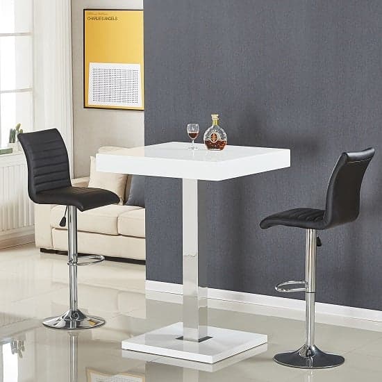 Topeka White High Gloss Bar Table With 2 Rifle Black Stools