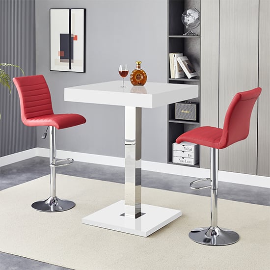 Topeka White High Gloss Bar Table With 2 Rifle Bordeaux Stools