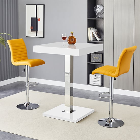 Topeka White High Gloss Bar Table With 2 Rifle Curry Stools