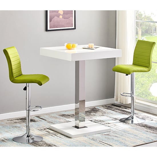 Topeka White High Gloss Bar Table With 2 Rifle Green Stools