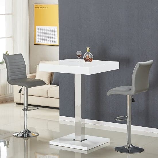 Topeka White High Gloss Bar Table With 2 Rifle Grey Stools