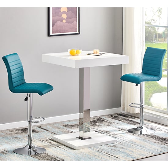 Topeka White High Gloss Bar Table With 2 Rifle Teal Stools