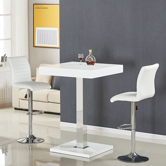 Topeka White High Gloss Bar Table With 2 Rifle White Stools