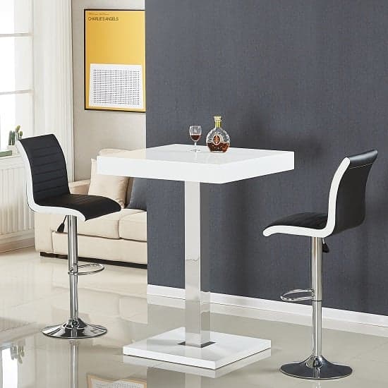 Topeka White High Gloss Bar Table With 2 Riga Black White Stools