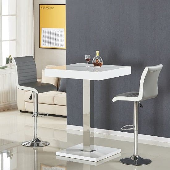 Topeka White High Gloss Bar Table With 2 Riga Grey White Stools