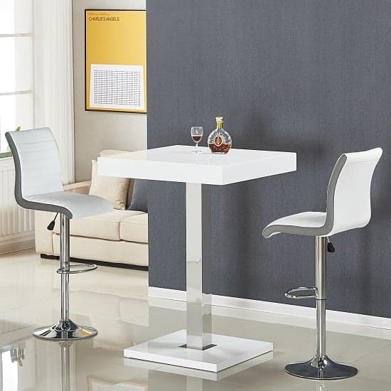 Topeka White High Gloss Bar Table With 2 Riga White Grey Stools