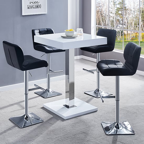 Topeka White High Gloss Bar Table With 4 Canyon Black Stools