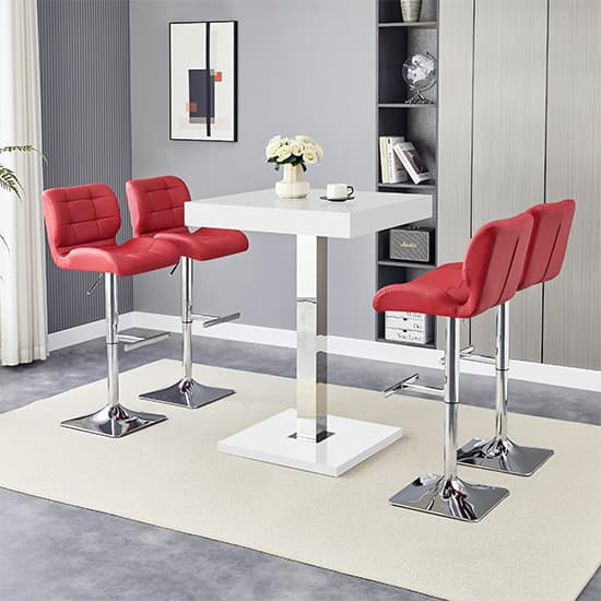 Topeka White High Gloss Bar Table With 4 Canyon Bordeaux Stools