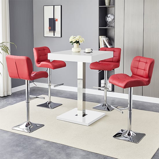 Topeka White High Gloss Bar Table With 4 Canyon Bordeaux Stools