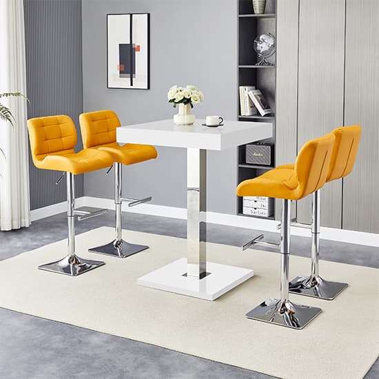 Topeka White High Gloss Bar Table With 4 Canyon Curry Stools