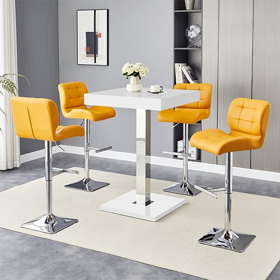 Topeka White High Gloss Bar Table With 4 Canyon Curry Stools