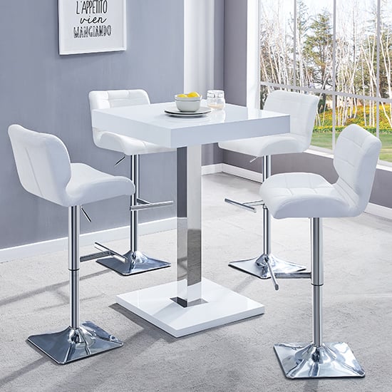 Topeka White High Gloss Bar Table With 4 Canyon White Stools