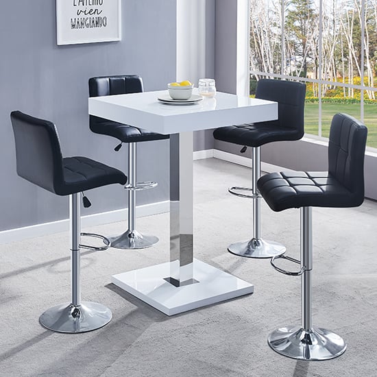 Topeka White High Gloss Bar Table With 4 Concord Black Stools