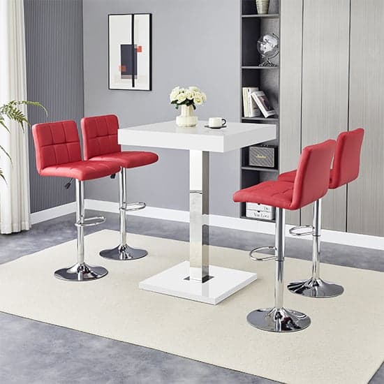 Topeka White High Gloss Bar Table With 4 Concord Bordeaux Stools