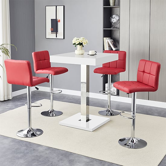 Topeka White High Gloss Bar Table With 4 Concord Bordeaux Stools