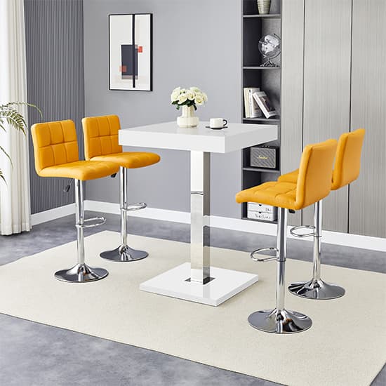 Topeka White High Gloss Bar Table With 4 Concord Curry Stools