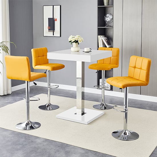 Topeka White High Gloss Bar Table With 4 Concord Curry Stools