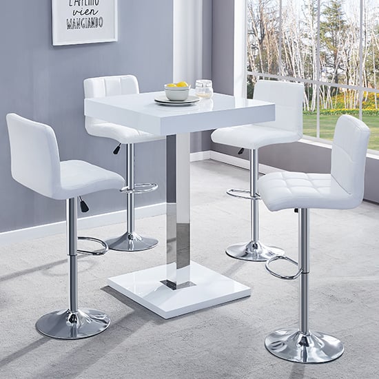 Topeka White High Gloss Bar Table With 4 Concord White Stools