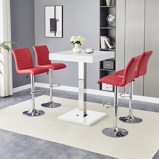 Topeka White High Gloss Bar Table With 4 Rifle Bordeaux Stools