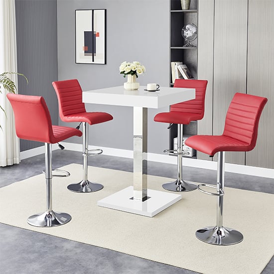 Topeka White High Gloss Bar Table With 4 Rifle Bordeaux Stools