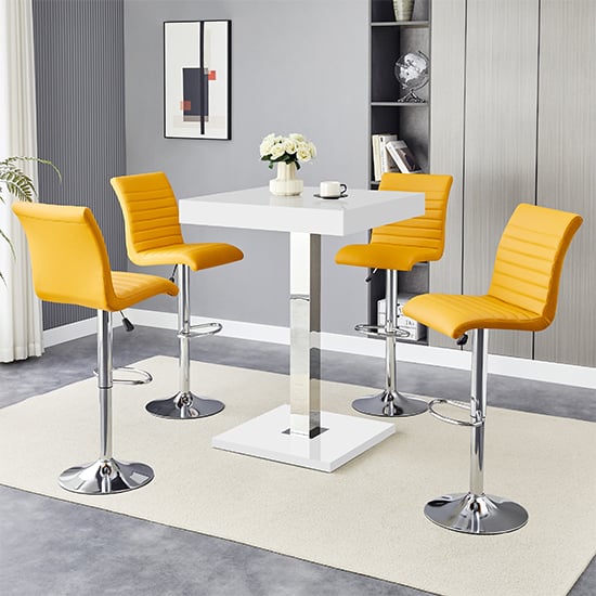 Topeka White High Gloss Bar Table With 4 Rifle Curry Stools