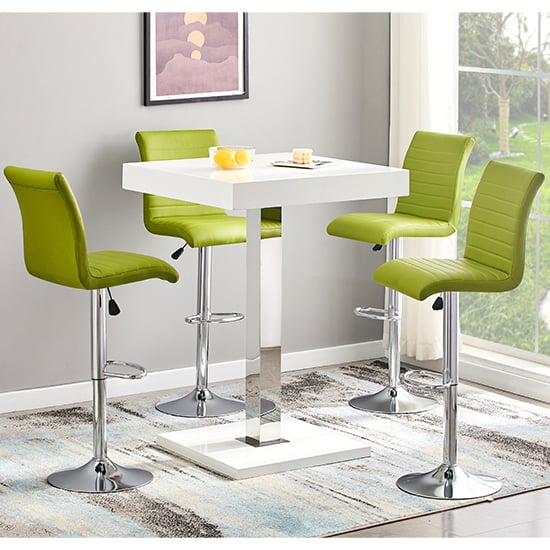 Topeka White High Gloss Bar Table With 4 Rifle Green Stools