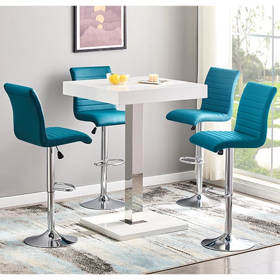 Topeka White High Gloss Bar Table With 4 Rifle Teal Stools