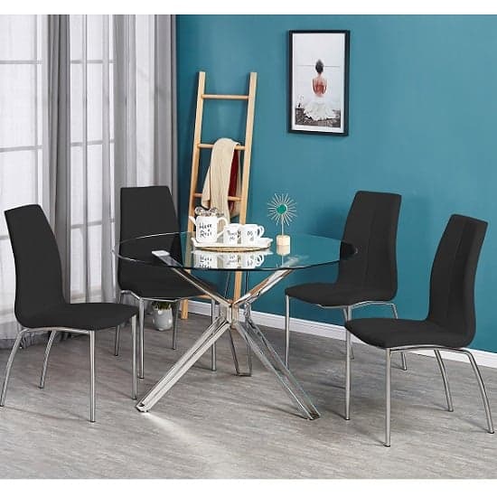 Toronto Clear Glass Dining Table With 4 Opelika Black Chairs