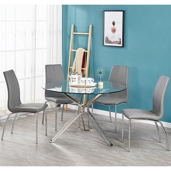 Toronto Clear Glass Dining Table With 4 Opelika Grey Chairs