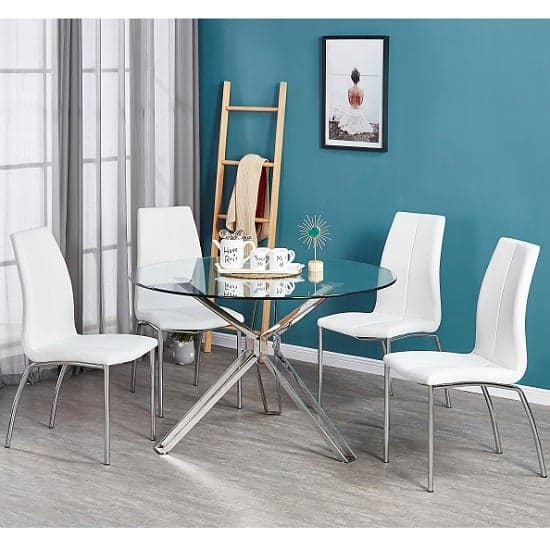 Toronto Clear Glass Dining Table With 4 Opelika White Chairs