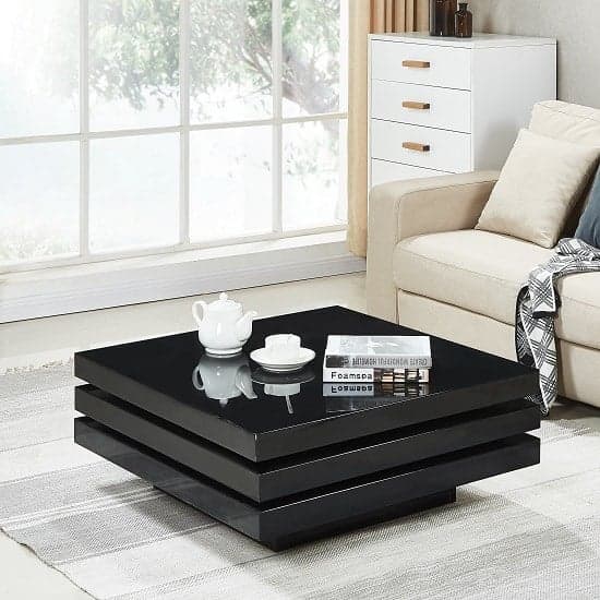 Tracy Gloss Square Rotating Coffee Table In Black