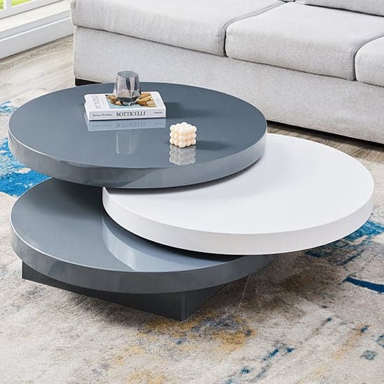 Tracy Round High Gloss Rotating Coffee Table In Grey And White