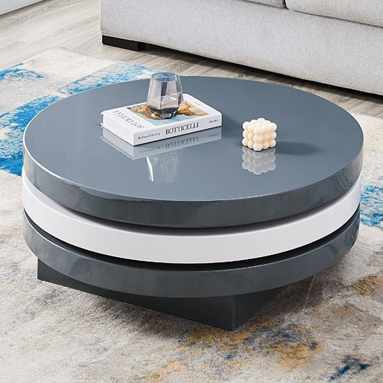 Tracy Round High Gloss Rotating Coffee Table In Grey And White