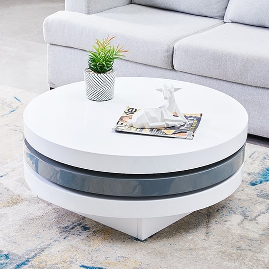 Tracy Round High Gloss Rotating Coffee Table In White And Grey