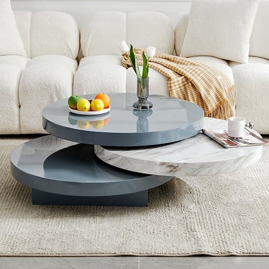 Tracy Round Rotating Coffee Table Grey Magnesia Marble Effect