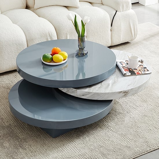 Tracy Round Rotating Coffee Table Grey Magnesia Marble Effect