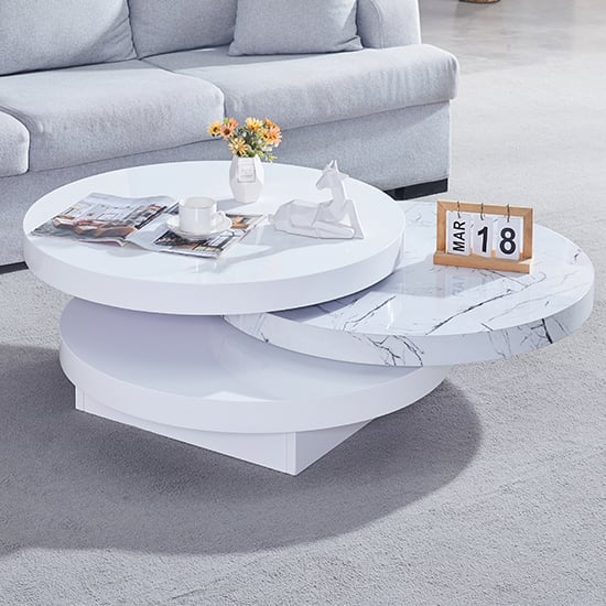 Tracy Round Rotating Coffee Table In Vida Marble Effect