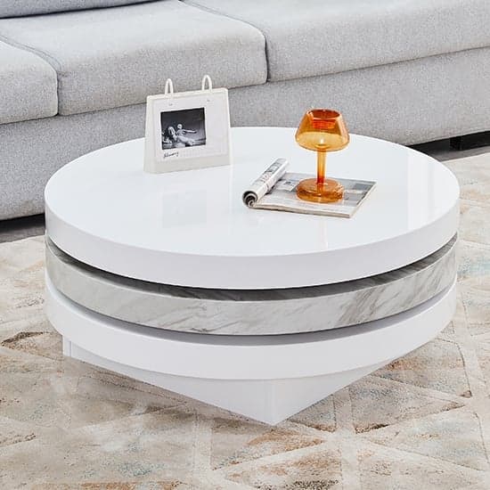 Tracy Round Rotating Coffee Table With Magnesia Marble Effect