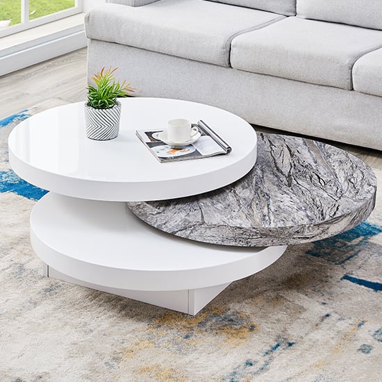 Tracy Round Rotating Coffee Table With Melange Marble Effect