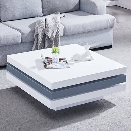 Tracy Square High Gloss Rotating Coffee Table In White And Grey