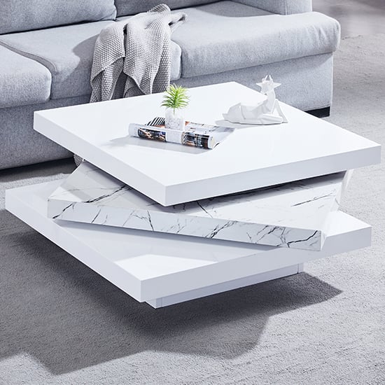 Tracy Square Rotating Coffee Table In Vida Marble Effect