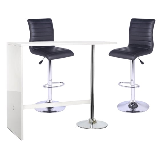 Tupelo Bar Table In White Gloss With 2 Rifle Black Bar Stools