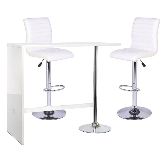 Tupelo Bar Table In White Gloss With 2 Rifle White Bar Stools