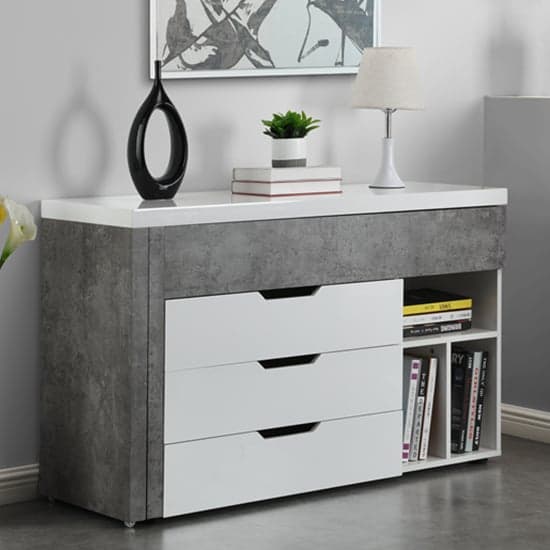 Unadilla Corner Gloss Storage Computer Desk In White Concrete Effect