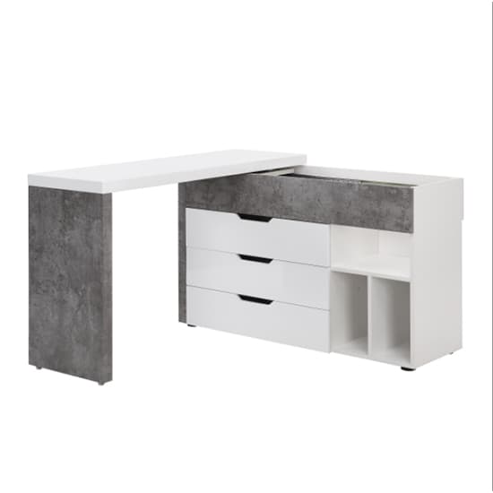 Unadilla Corner Gloss Storage Computer Desk In White Concrete Effect