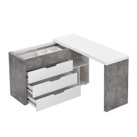 Unadilla Corner Gloss Storage Computer Desk In White Concrete Effect