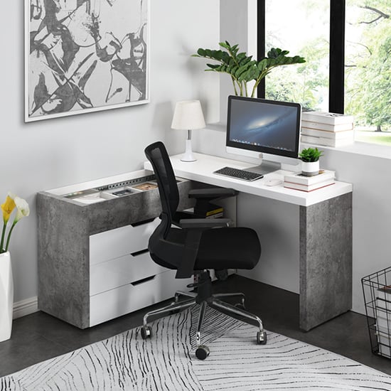 Unadilla Corner Gloss Storage Computer Desk In White Concrete Effect