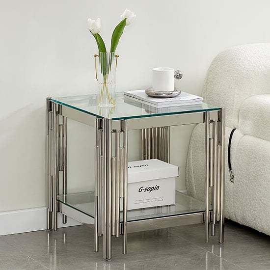 Valdosta Clear Glass Lamp Table With Stainless Steel Frame